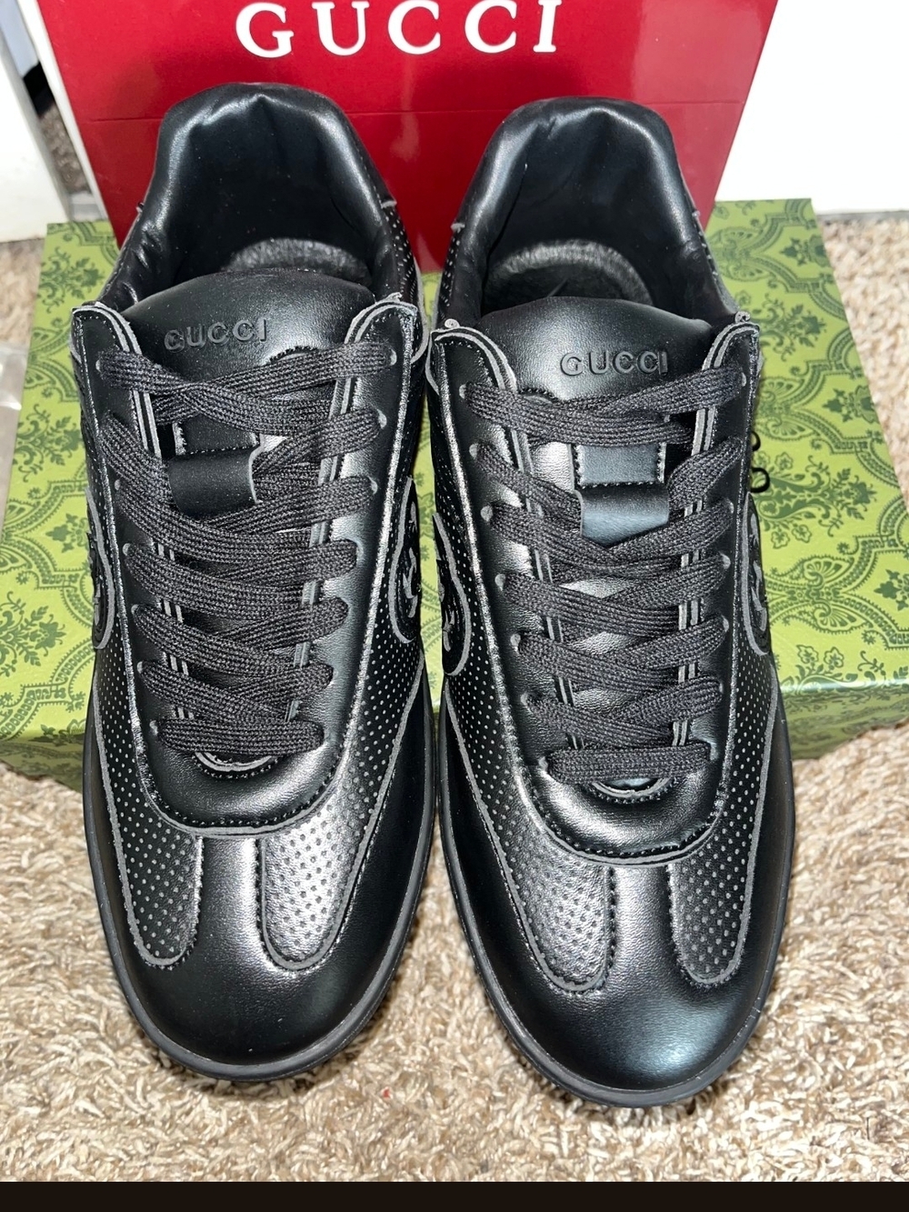 Gucci Men’s Black Leather Perforated Lace-Up Sneakers - Picture 2 of 6